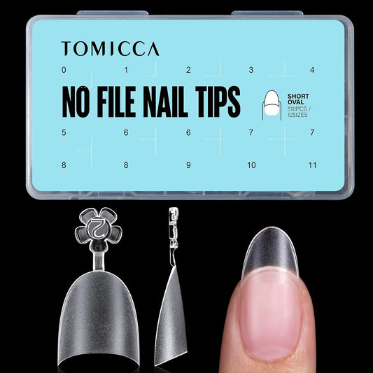 TOMICCA Short Oval Nail Tips 510Pcs Acrylic Fake Nails Full Matte, 12 Sizes No C Curve Nail Tips Half Cover for Salon DIY Nail art