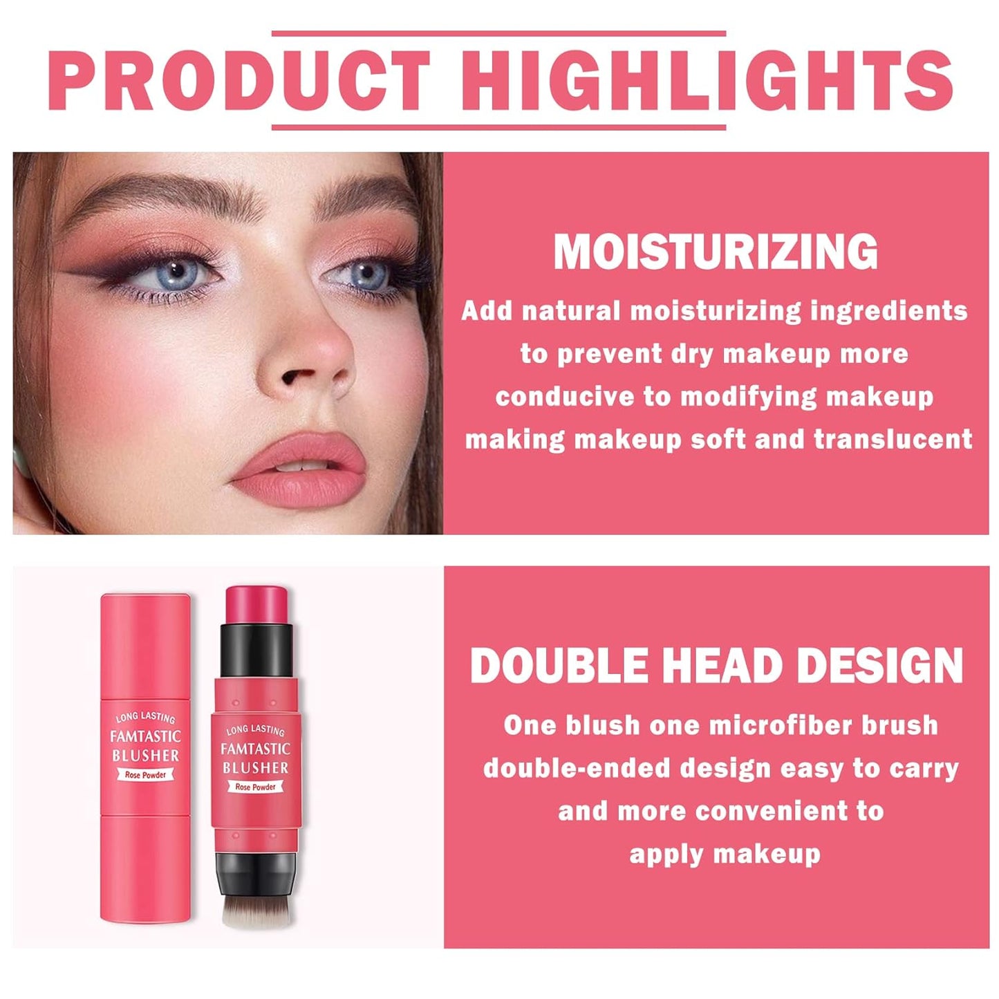 Cream Blush Stick with Brush, Waterproof, Long Lasting, Natural Finish, Rose Red - Compact Stick for All Skin Tones