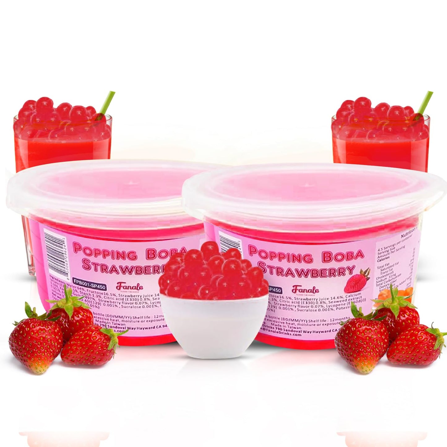 Fanale Popping Boba Pearls for Bubble Tea - 2 lb (1 lb X 2) | Strawberry | Bursting Boba Pearls Bubble 450g X 2 | Fruit Juice Flavor for Shakes, Dessert, Smoothie | FPB001-SP450 X 2