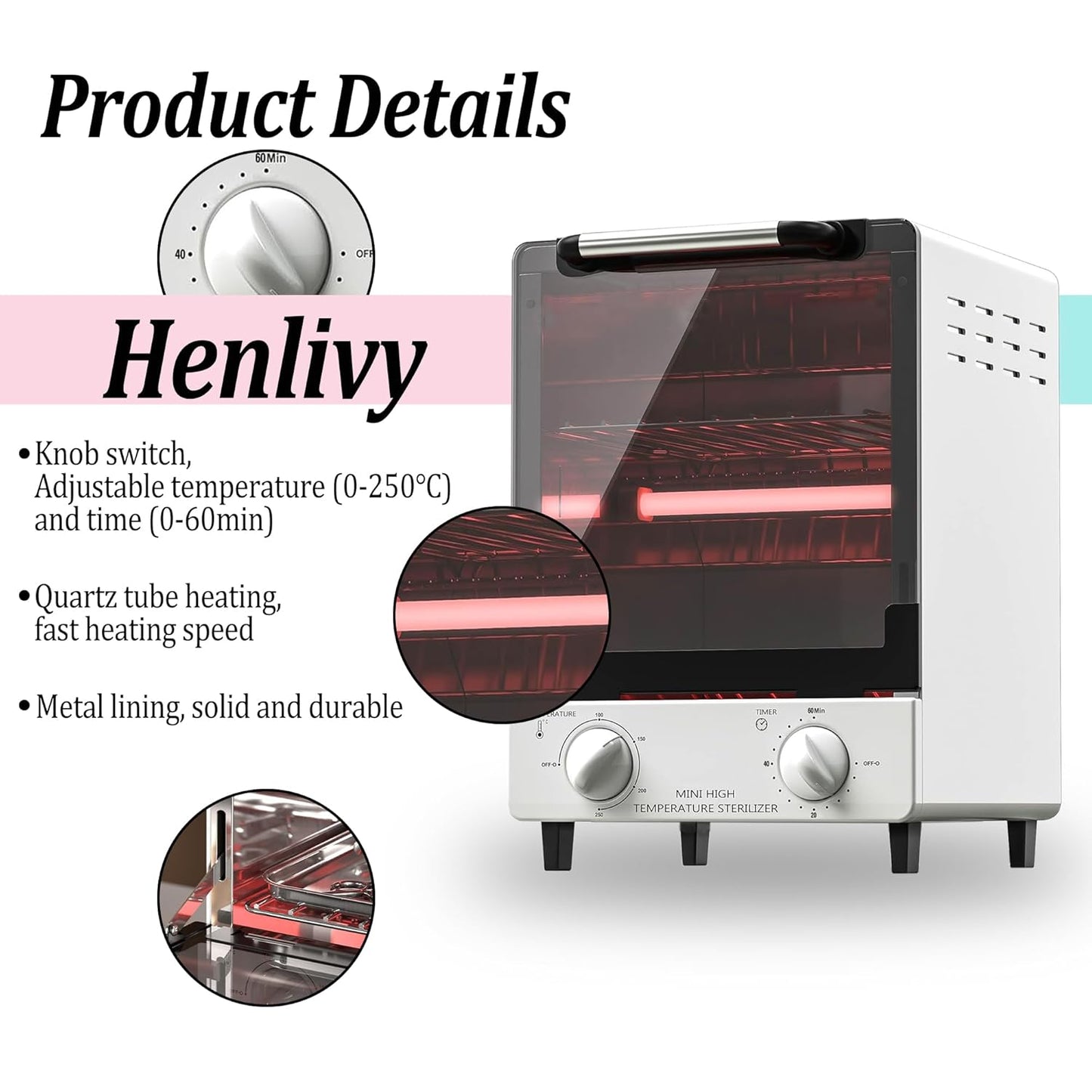 High Temperature Sterilizer, Large Capacity Dry Heat Stainless Steel Sterilizer with Temp and Timer Control, Max timing 60min, Max temperature 250℃ (482℉), With Stainless Trays, 110V power