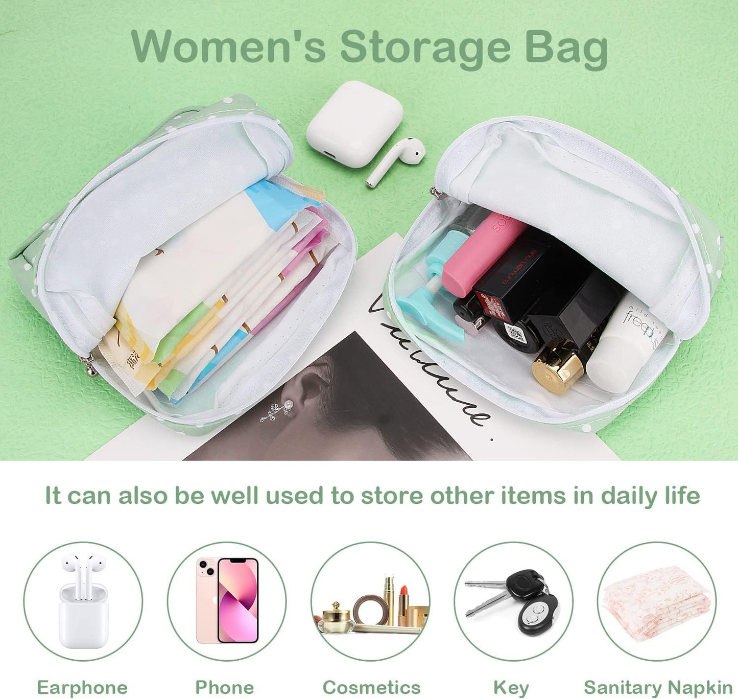 Desing Wish Sanitary Pad Storage Bag Portable Period Bag for Teen Pads/Sanitary Napkins/Small Tampons, Sanitary Napkin Storage Bag First Period Gifts for Teen Girls (Green Dot)
