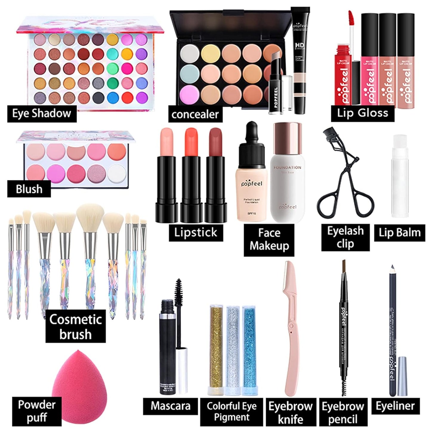All-in-One Makeup Gift Set Travel Makeup Kit Complete Starter Makeup Bundle Lipgloss Lipstick Concealer Blushes Powder Eyeshadow Palette Cosmetic Palette for Teen Girls & Adults #17