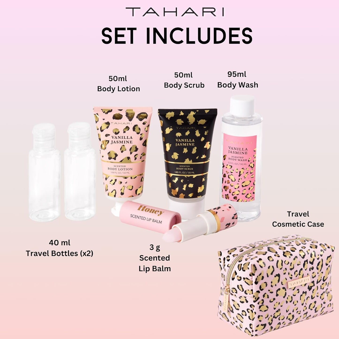 Tahari Spa Gift Set for Women, Vanilla Jasmine Spa Set, Bath Kit for Women Gift Set Includes Body Lotion, Body Wash, Hand Cream, Lotion Gift Set for Women, Birthday Gifts For Women - (Leopard)