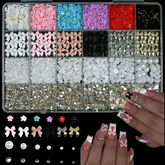 White Pearl Nail Charms and Gems, 3D Colorful Flower Kawaii Metal Bow Charms for Nail Art Rhinestone Nail for Manicure DIY Crafts Jewelry Accessories