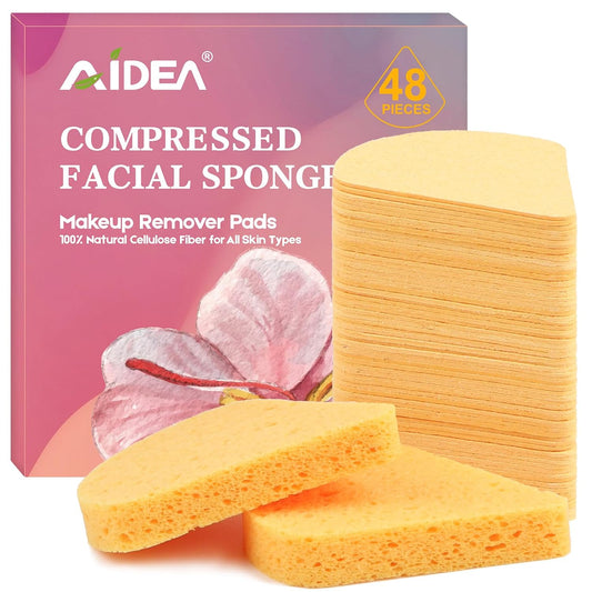 AIDEA Compressed Facial Sponges 48-Count, Disposable Face Sponges, Reusable Makeup Remover Pads, Natural Cellulose Cosmetic Sponges for Facial Cleansing, Exfoliating, Travel Essentials for Women