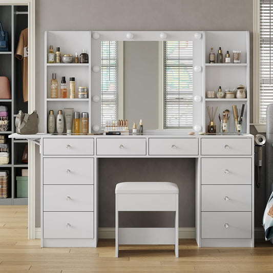 Vanity with Power Outlet, Vanity Desk with Mirror and 10 LED Lights, 10 Drawers Makeup Vanity with 6 Shelves, Fold-up Panel, Dressing Table for Bedroom, White