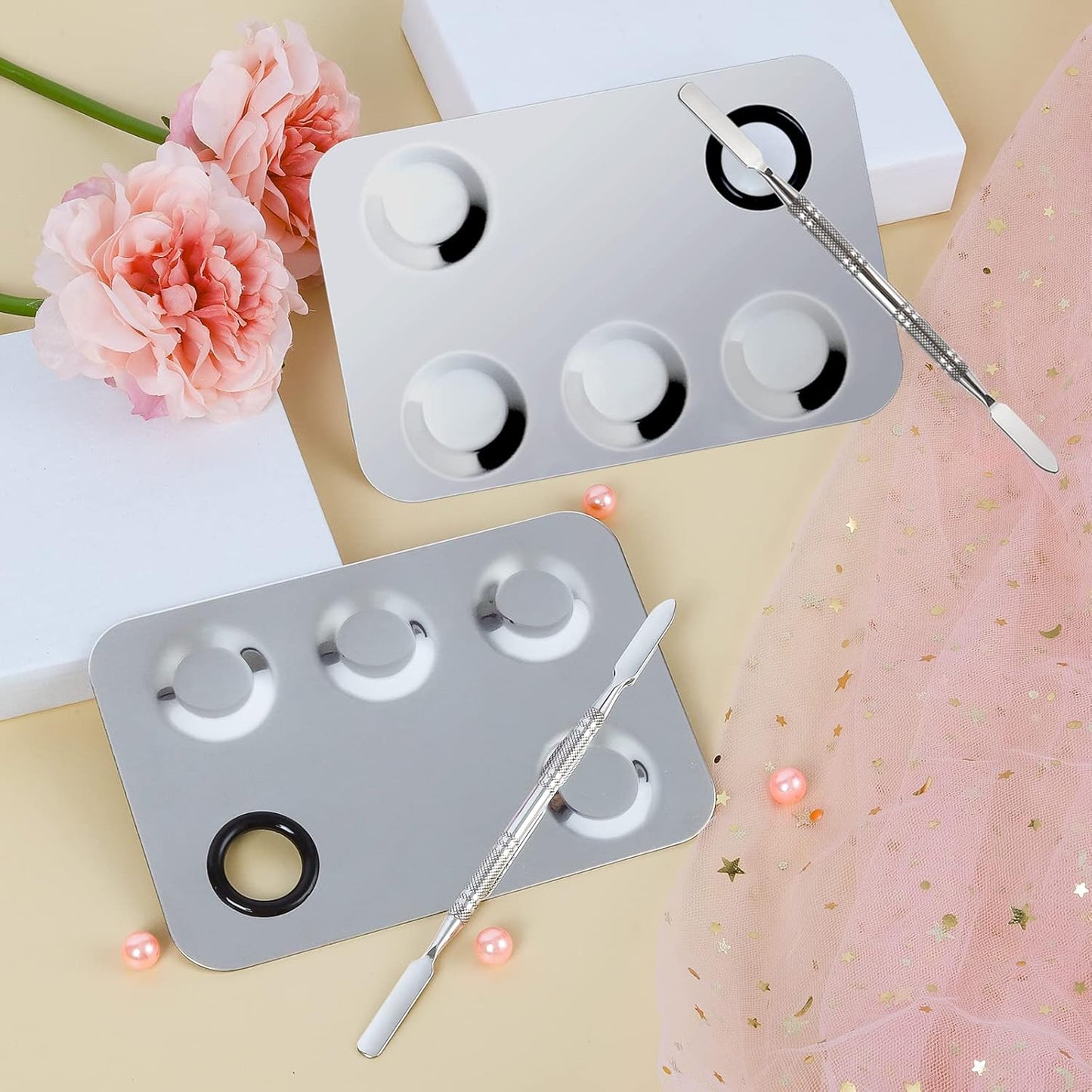 Upgrade Mixing Makeup Palette, Stainless Steel Cosmetic Palette with Spatula Tool, Nail-Art Cosmetic Palette for Mixing Cosmetic and Pigment
