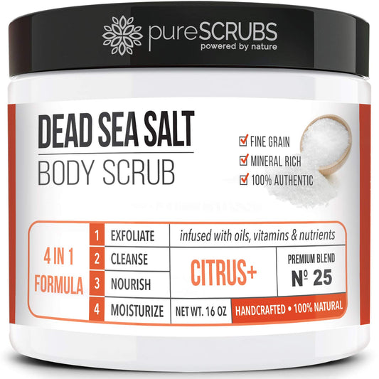 pureSCRUBS Premium Citrus Body Scrub Set - Large 16oz Dead Sea Salt Body Scrub With Infused Essential Oils & Nutrients, Includes Wooden Spoon, Loofah & Oatmeal Exfoliating Bar Soap