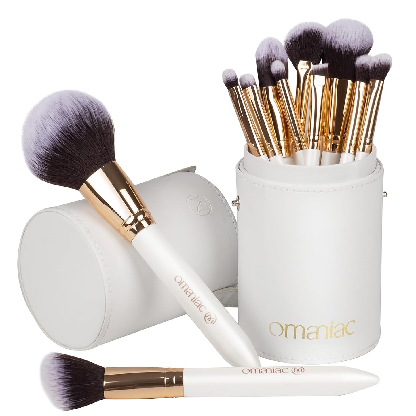 OMANIAC Makeup Brush Set Professional, 12 Pearlescent Wood Handle Makeup Brushes, Premium Cruelty-Free Synthetic Fiber Hair, Travel Make up Brushes Set with Case (White).