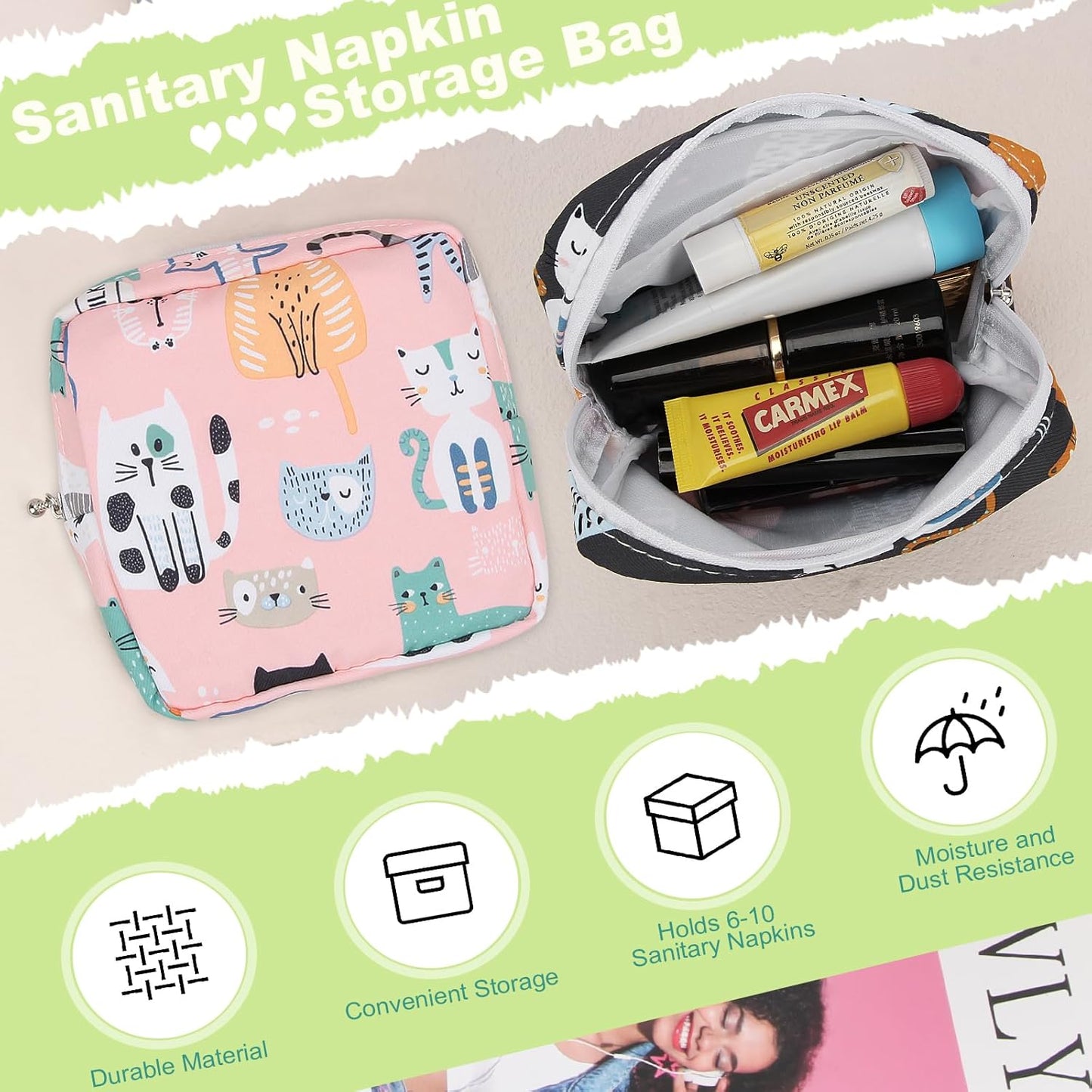 Desing Wish Sanitary Pad Storage Bag Portable Period Bag for Teen Pads/Sanitary Napkins/Small Tampons, Sanitary Napkin Storage Bag First Period Gifts for Teen Girls (Pink Horse)