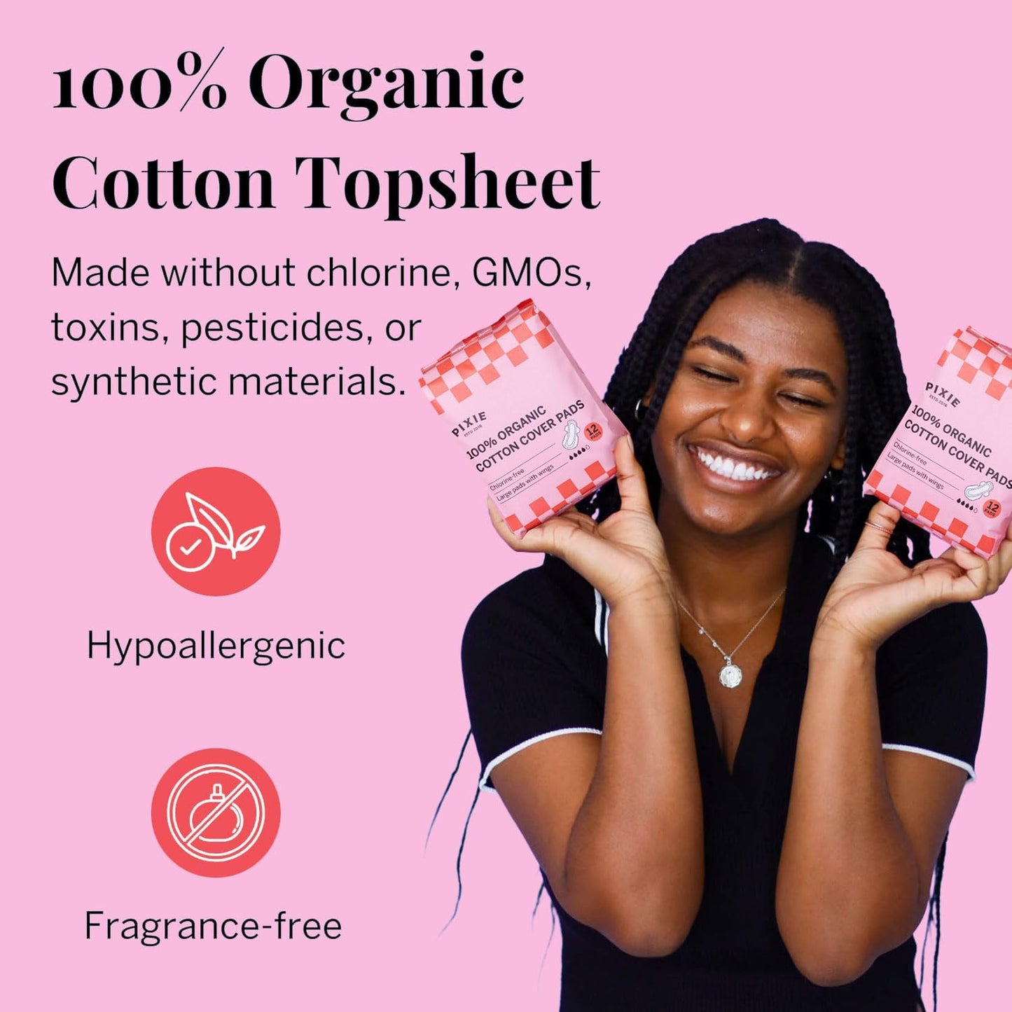 Pixie Organic Cotton Large Pads for Women - Maximum Protection When You Need It - Extra Heavy Absorbency with Wings - Leak-Proof, Hypoallergenic & Unscented - Compostable, Biodegradable - 12 Count