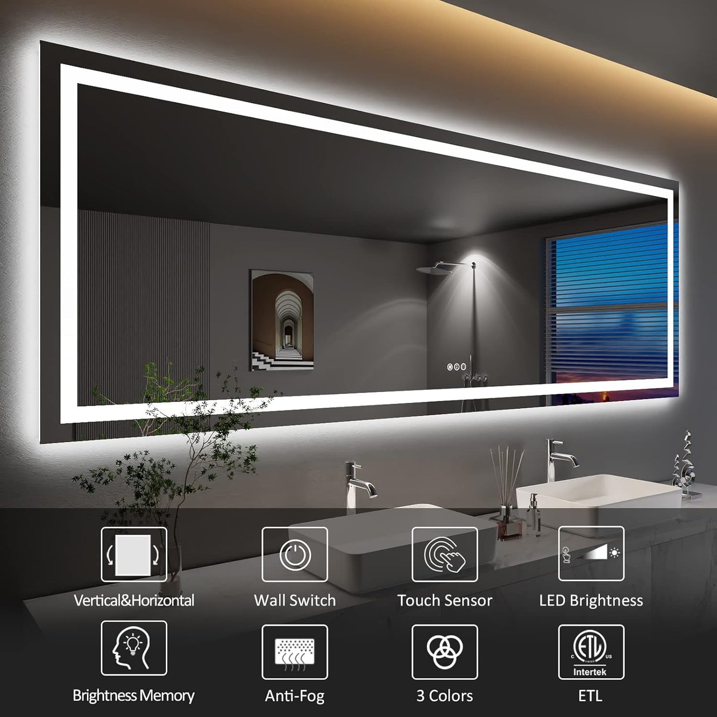 Amorho LED Bathroom Mirror 110" X40" with Front and Backlit, Stepless Dimmable Wall Mirrors with Anti-Fog, Shatter-Proof, Memory, 3 Colors, Double LED Vanity Mirror Large