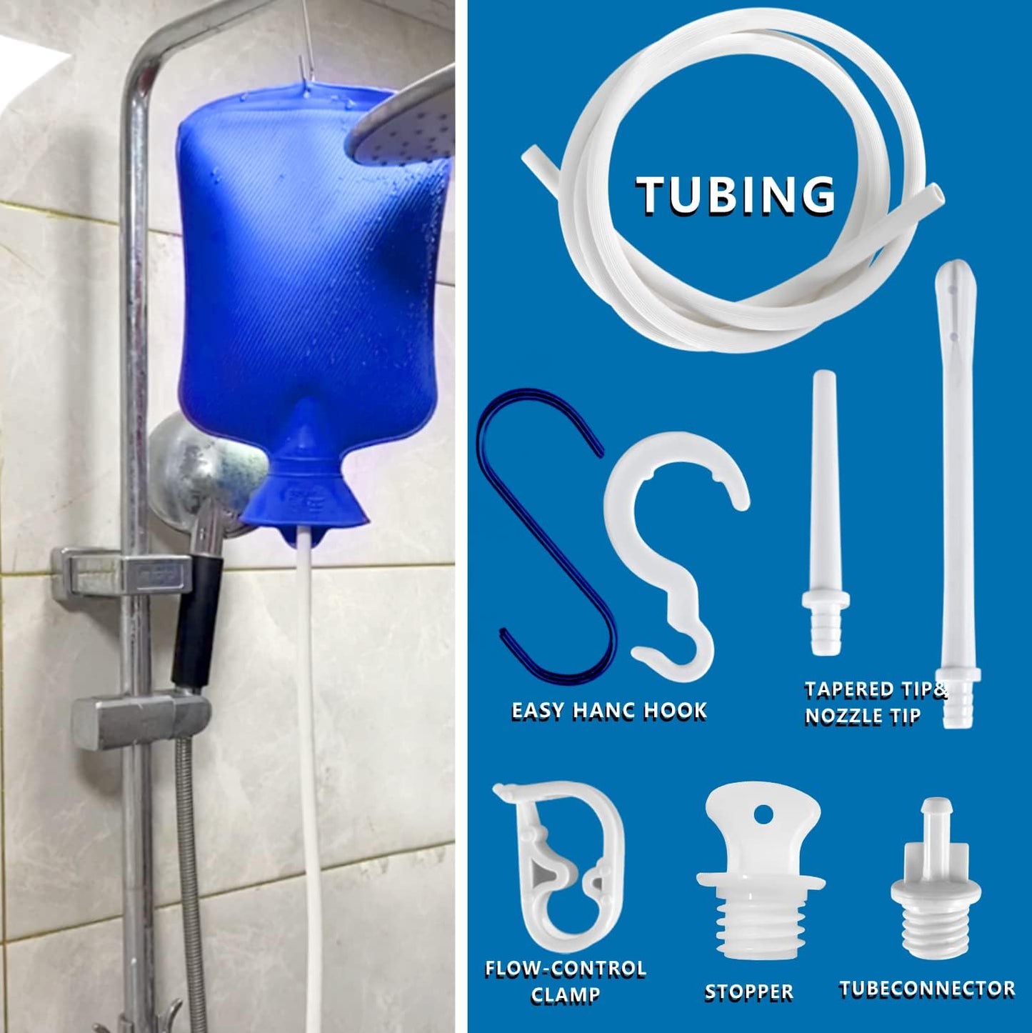 2 L Home Enema Bag Kit with 2 Enema Tips,60 inch Long Silicone Hose, Controlable Water Flow Valve, Hot-Water Bottle for Colon Cleansing Enemas（Blue）