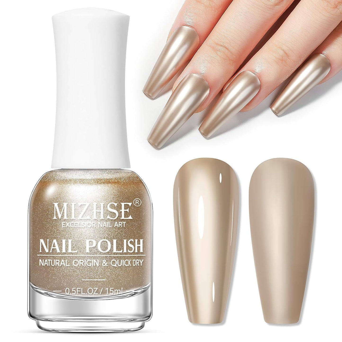 MIZHSE Champagne Mirror Nail Polish, Quick Dry Metallic Nail Polish, Air Dry Fast Chrome Nail Lacquer Bright Color Oil-based Nail Art Manicure DIY Home