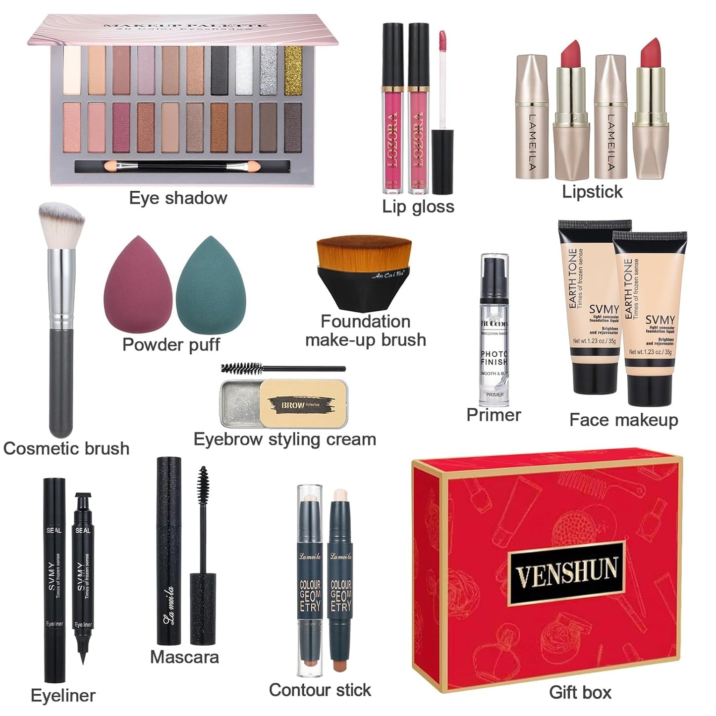 All in One Makeup Kit for Women Full Kit Includes Palette Foundation & Face Primer, Makeup Brush Makeup Sponge, Eyebrow Soap, Winged Eyeliner Stamp 20 Colors Eyeshadow Gift Set for Women, Girls & Teen