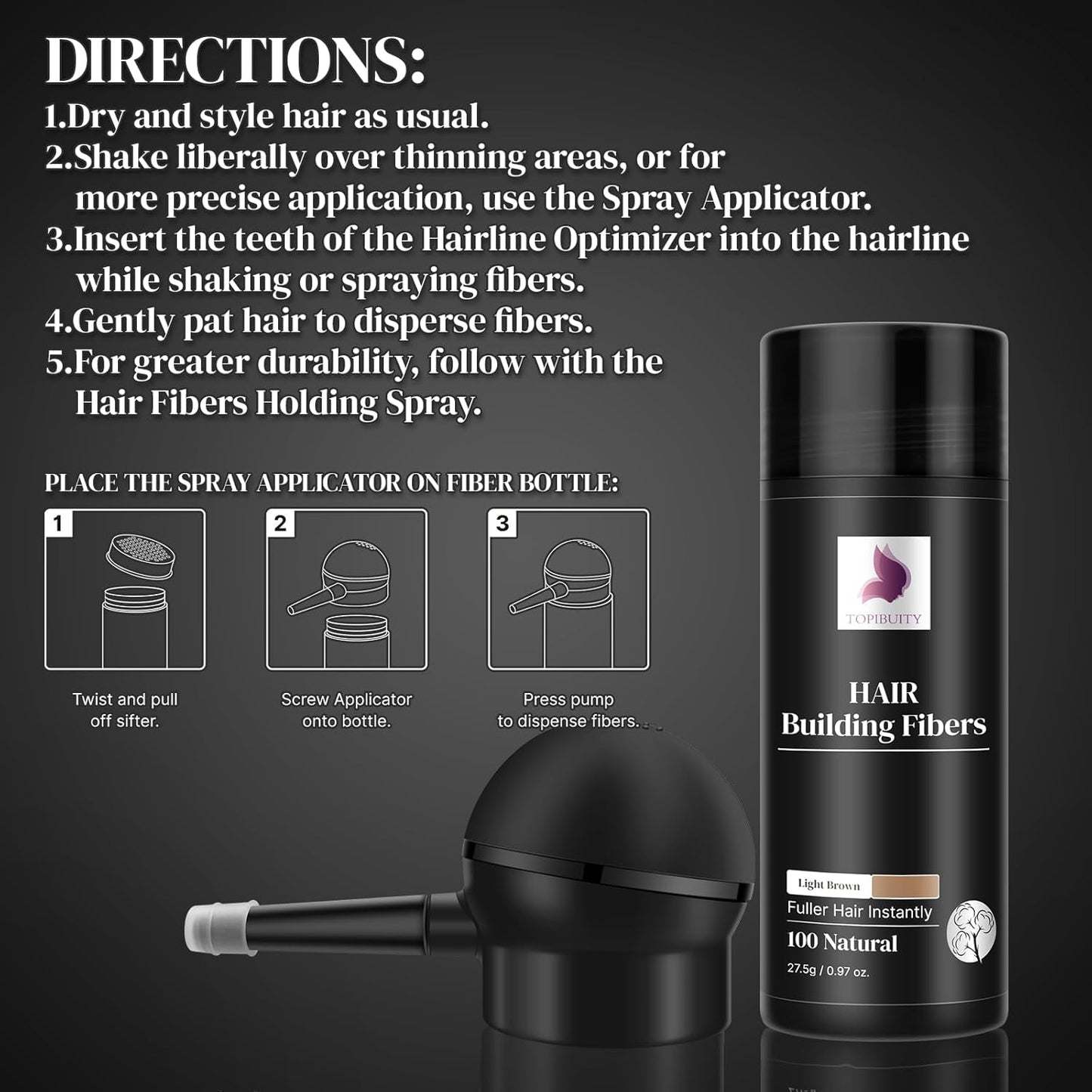 Hair Fibers & Applicator 3-in-1 Set - Natural Concealing Hair Thickening Fibers - Long-Lasting Spray with Accessory for Crisp Hairlines, Thicker Beard & Styling (light brown)