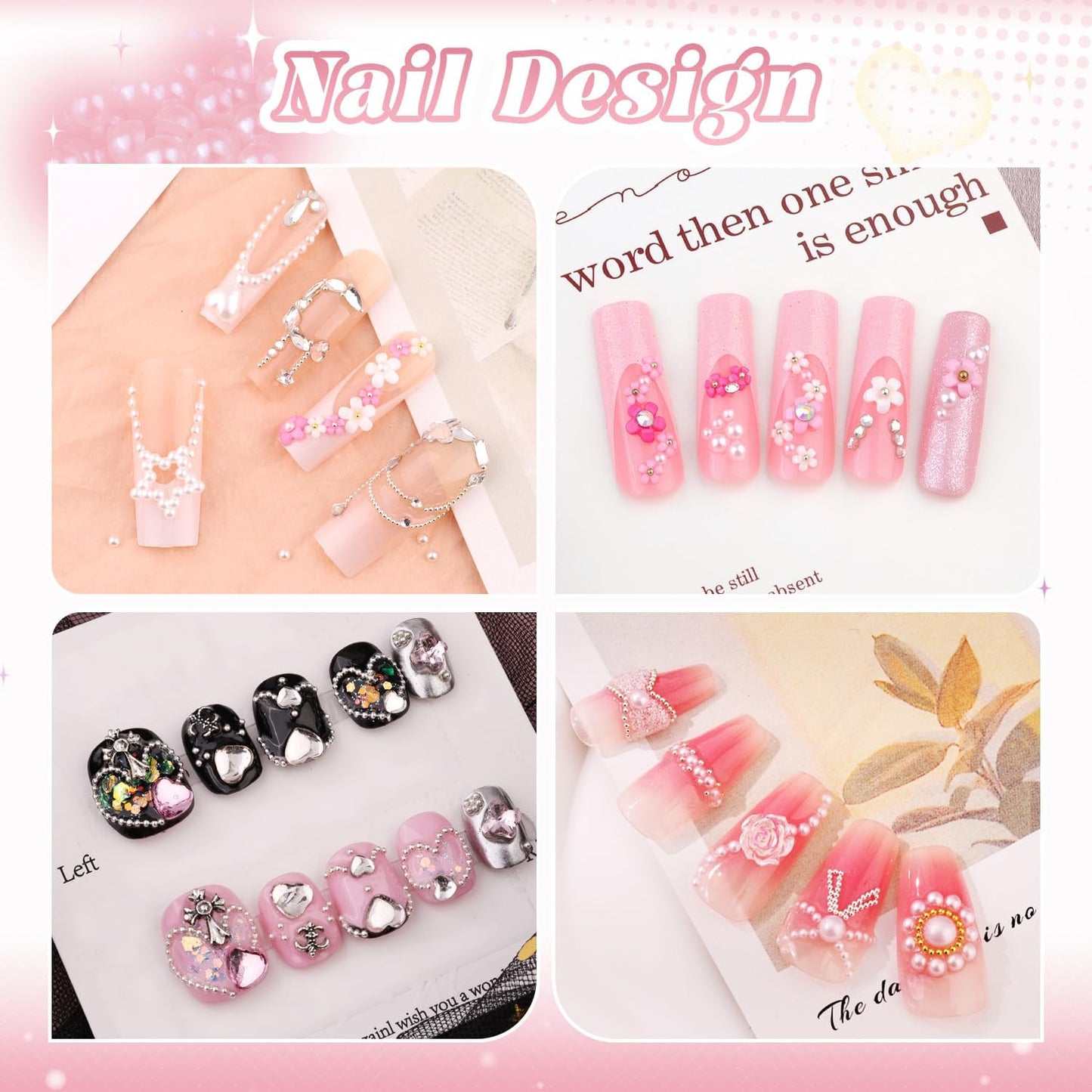 Metal Nail Beads (Silver+Gold), 3D Flowers With Rhinestones, Glue Gel for Art, Half Flatback Pearls (White), Blossom Pearl Charms and Round Caviar Beads for Manicure Decor