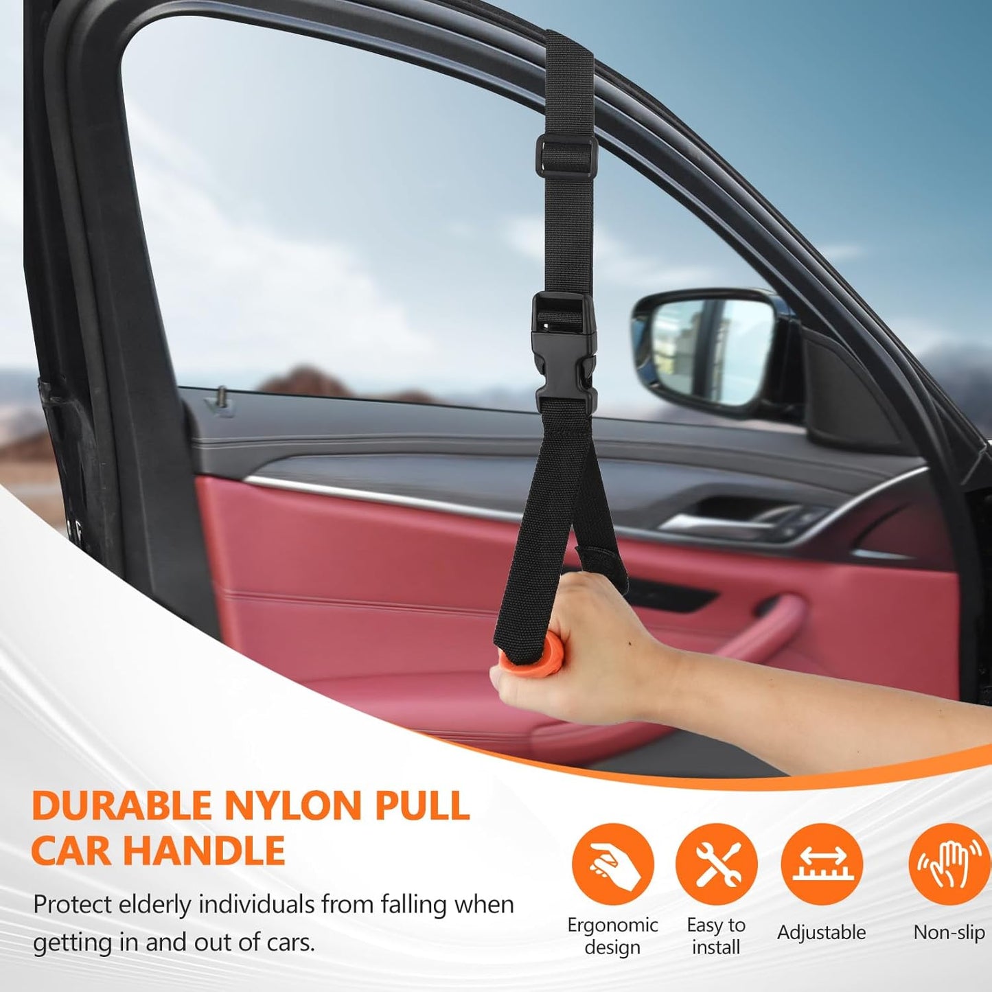 Car Door Handle for Elderly - 2025 New 4 in 1 Car Handle Assist, 2 Pack Auto Cane Portable Vehicle Support Handle Door Assist Bar, Max Load 500 Lbs, Anti-Slip Design (Orange-Car Handle +Strap)