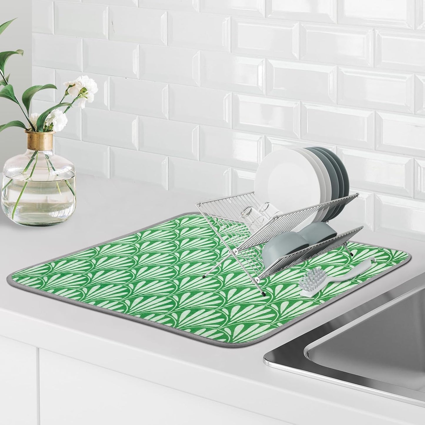 SHIYUE Dish Drying Mat for Kitchen Counter Super Absorbent Spring Kitchen Decor Microfiber Drying Matainers Rack Fast Pad Dish Drainer Mats(Bohe Green Flower,18''x24'')