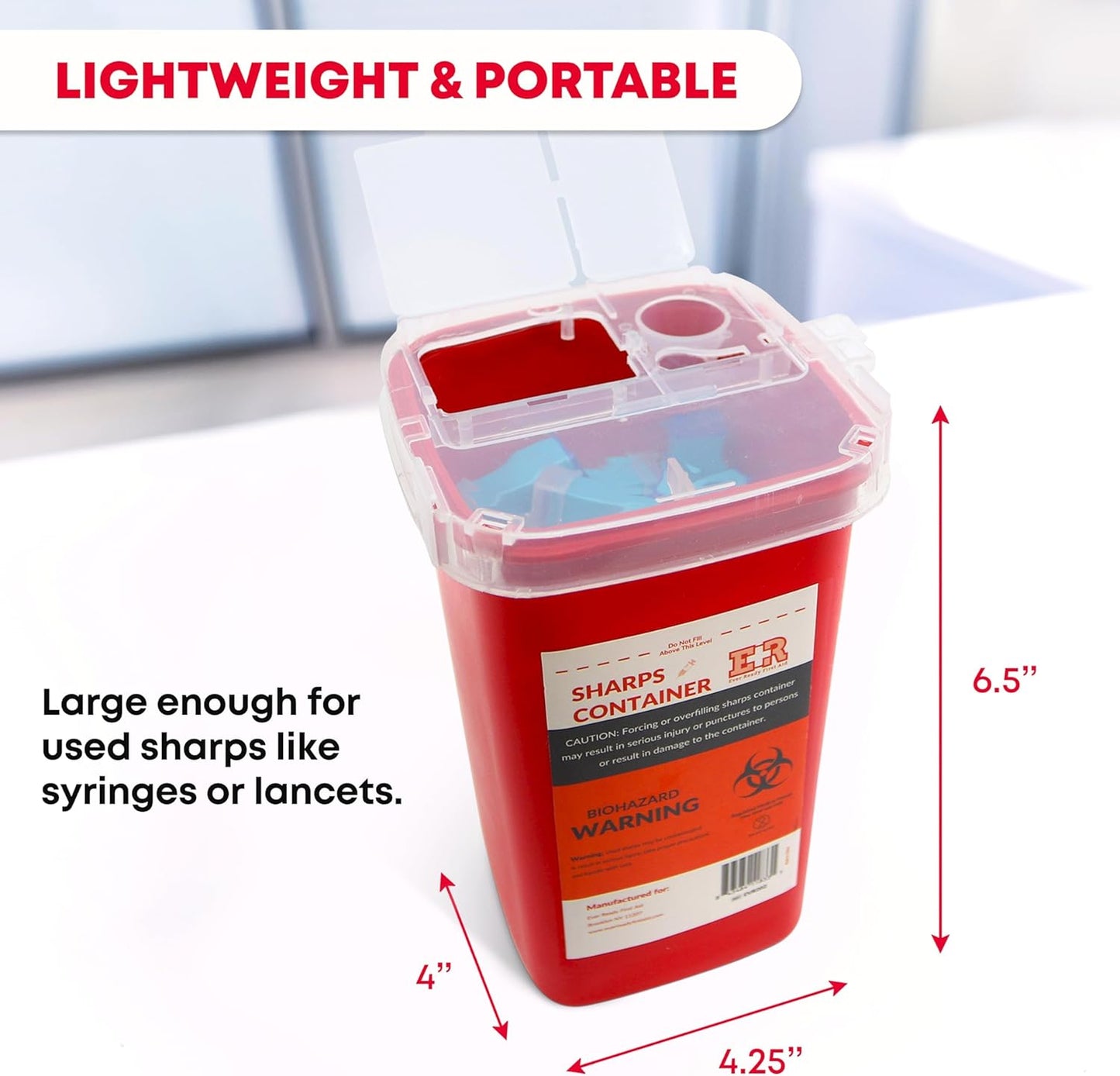 Ever Ready First Aid Sharps Container with Split Lid Design and Locking Mechanism for Sharp Waste Disposal, 1 Quart - 6 Count