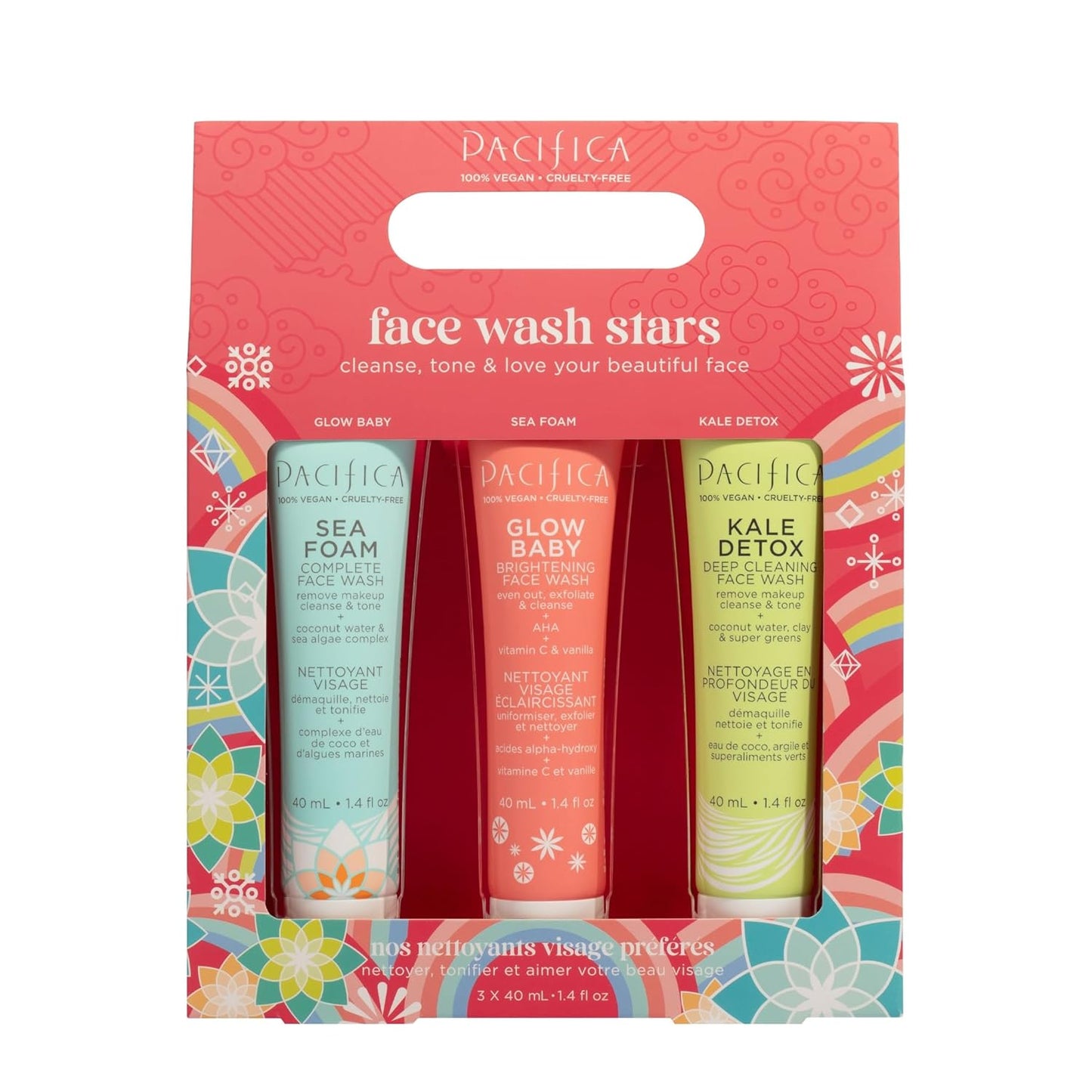 Pacifica Face Wash Set - Preppy Skincare Gift Set Value Kit for Holidays | Brightens, Tones and Deep Cleans |Glow Baby, Kale Detox and Sea Foam | 3 Pack