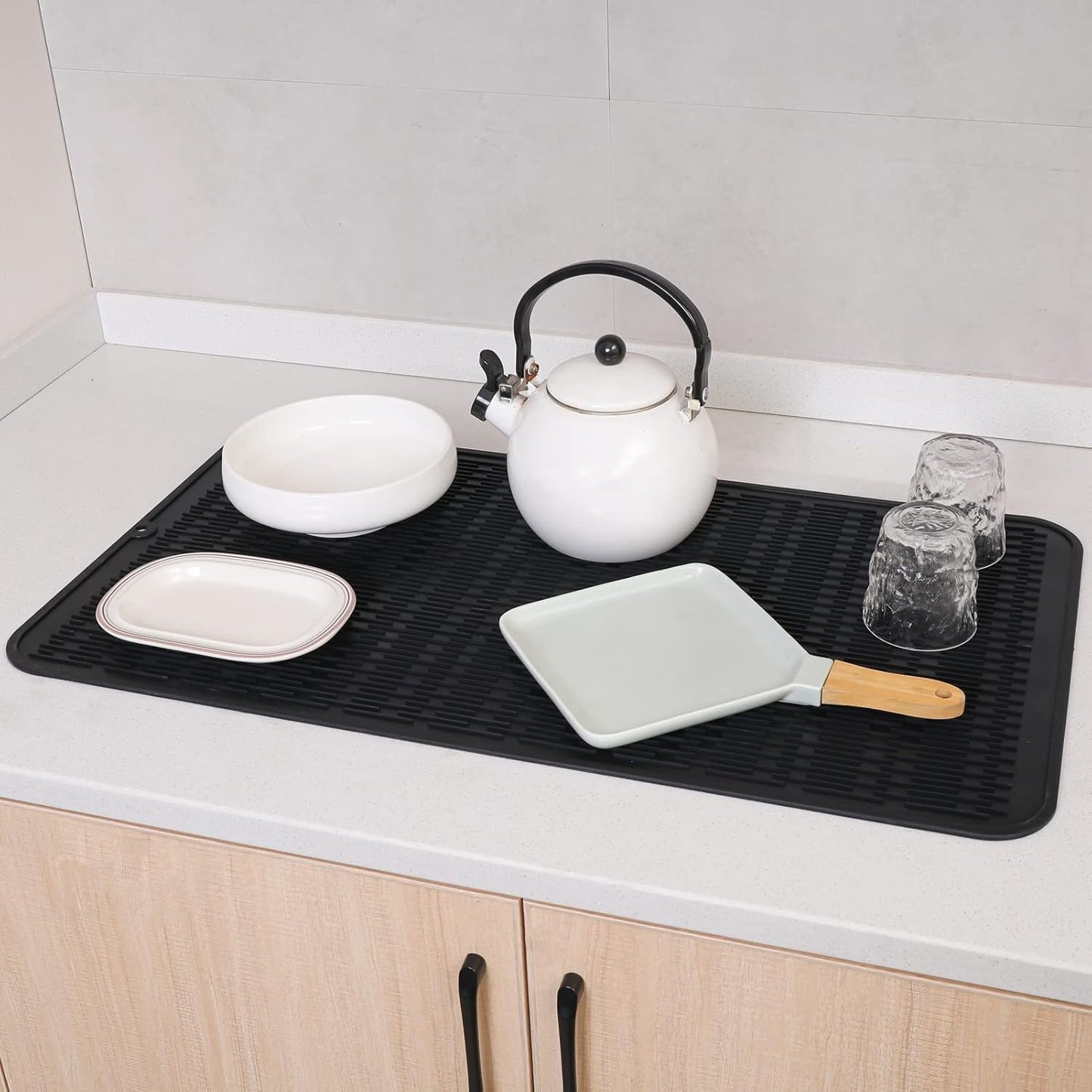 Silicone Dish Drying Mat for Multiple Usage,Easy clean,Eco-friendly,Heat-resistant Silicone Mat for Kitchen Counter or Sink,Refrigerator or Drawer Liner Black 4XL 32 inches x 18 inches