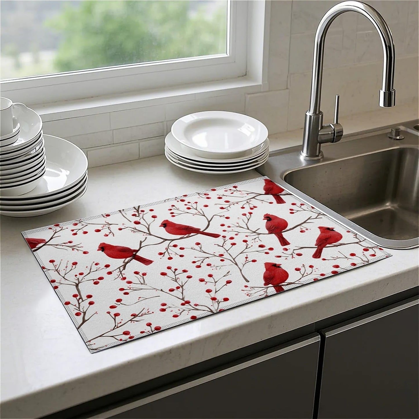 Dish Drying Mat For Kitchen Counter, Cardinal Bird Red Berry Microfiber Absorbent Dish Drainer Rack Pad Reusable Large 18x24in Drying Mat