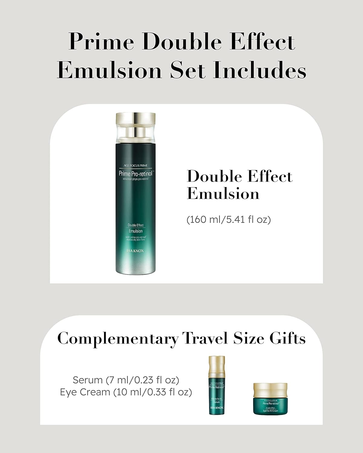 ISA KNOX AGE FOCUS PRIME Double Effect Emulsion by LG Beauty, PRIME Wrinkle For All Serum & PRIME Eye For All Cream - Korean Skin Care, Daytime Retinol (177 ml/5.99 fl oz)