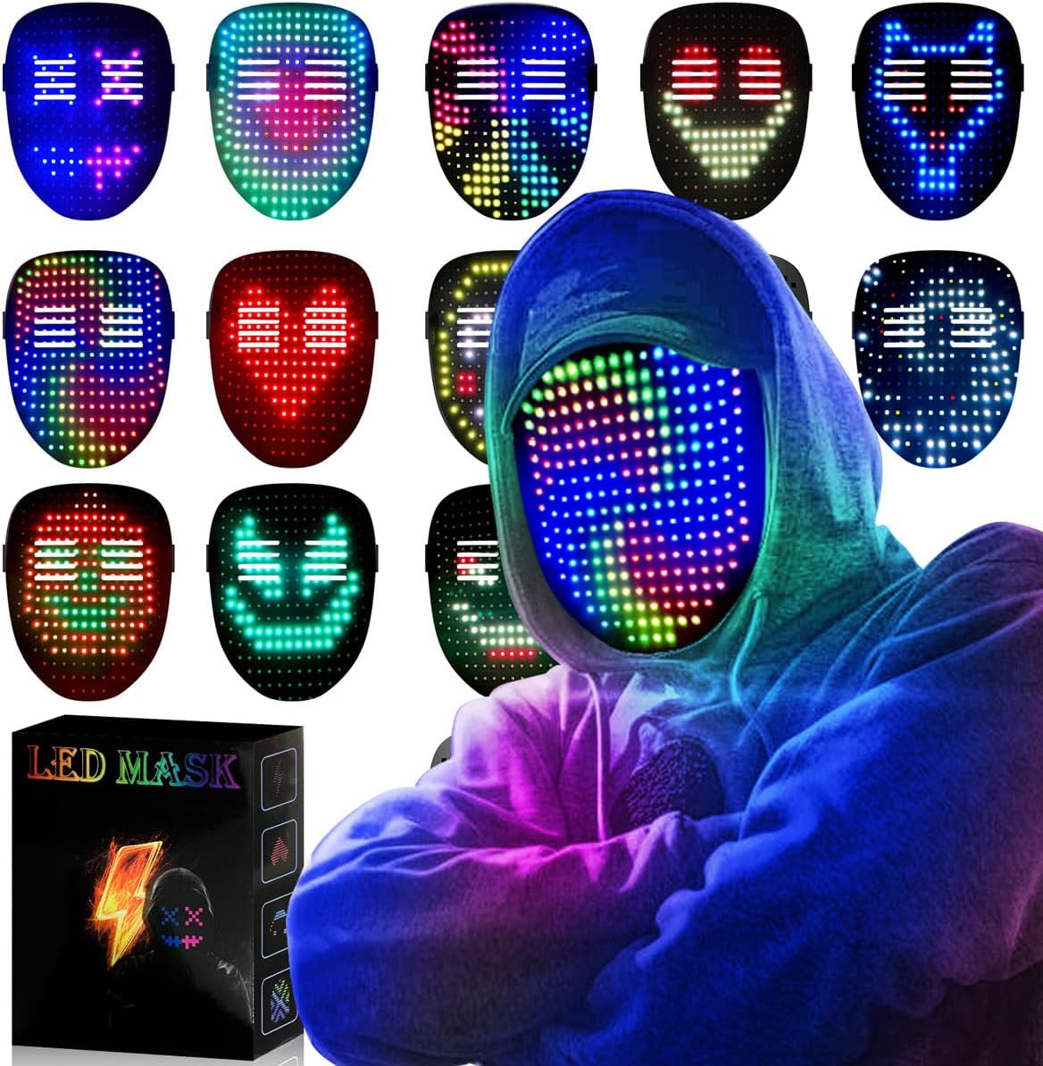 MEGOO Led Mask with Gesture Sensing Transforming,Light Up Luminous Digital Glow Mask for Halloween Rave Dj Party Masquerade