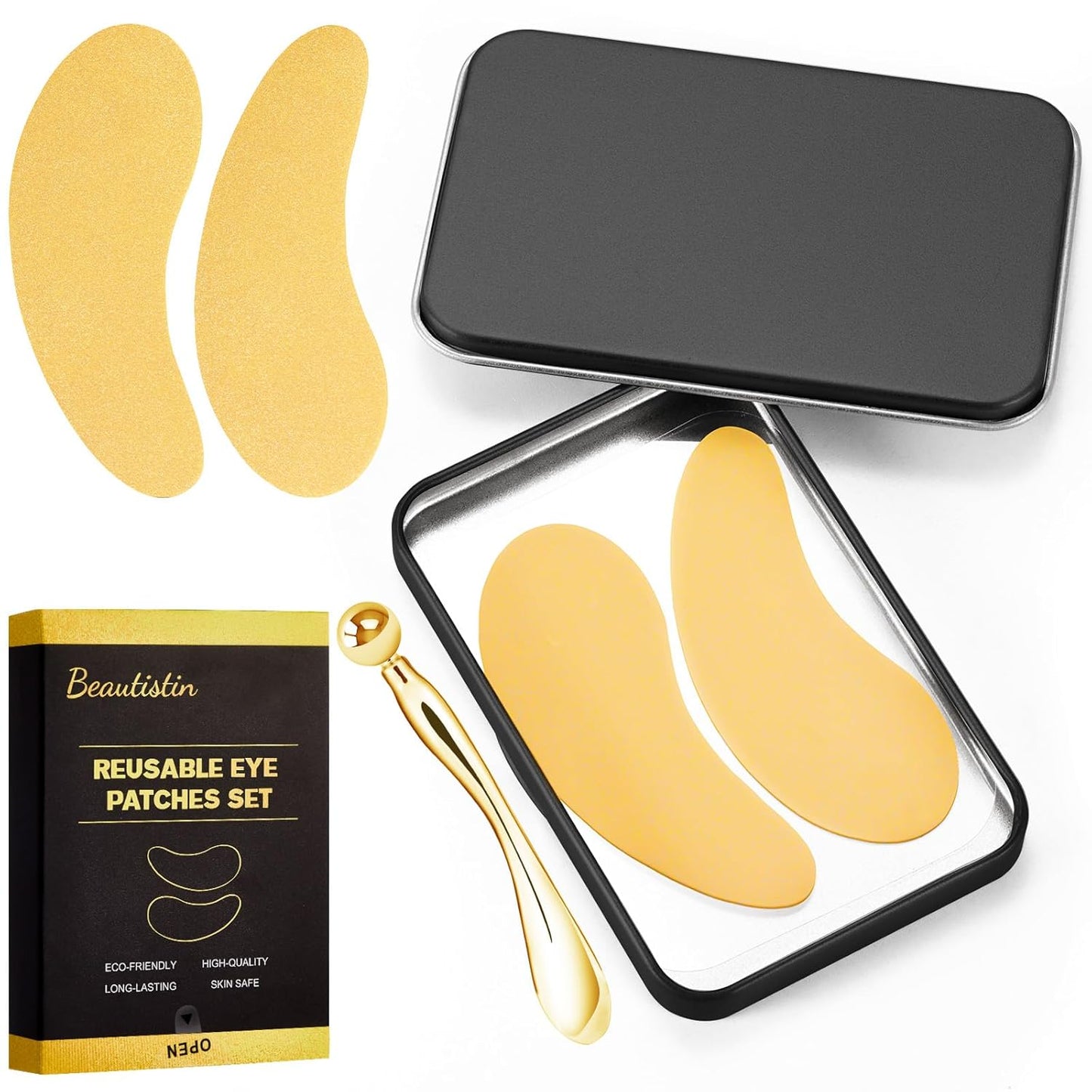 Under Eye Patches Silicone - 2 Pairs Reusable Eye Patches, Eye Wrinkle Patches, Reusable Under Eye Mask, Plump Fine Lines & Wrinkles, with Metal Eye Cream Applicator, Tin Case, Gold