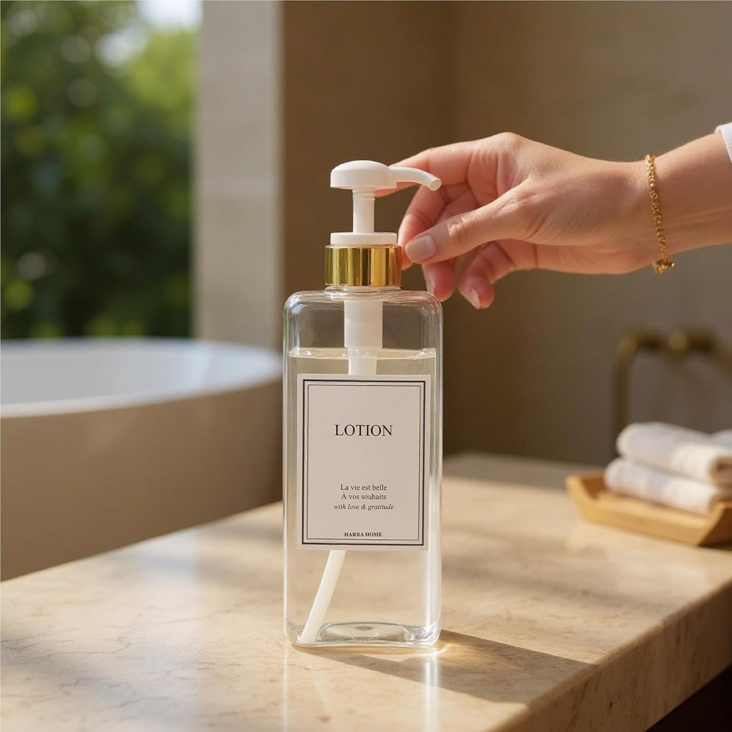 Modern Gold Design Large 27 oz Shampoo and Conditioner Dispensers - Empty Plastic Refillable Pump Bottle Set for Bathroom Shower Soap Dispenser, Set of 3 (Clear & White)