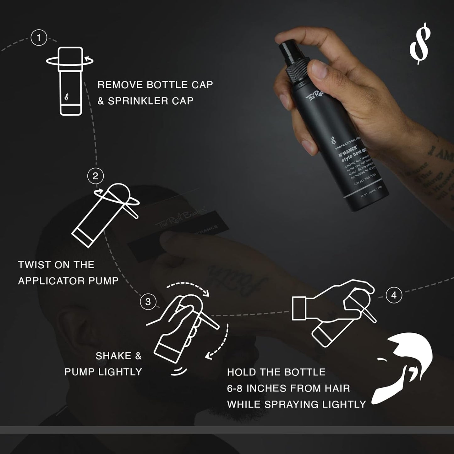 The Rich Barber N'Hance Pro Barber Kit II - 4-in-1 Hair & Beard Styling Set with Keratin-Infused Hair Building Fibers, Style Hold Spray, Applicator Pump, Application Card - Hairline & Edge Enhancer