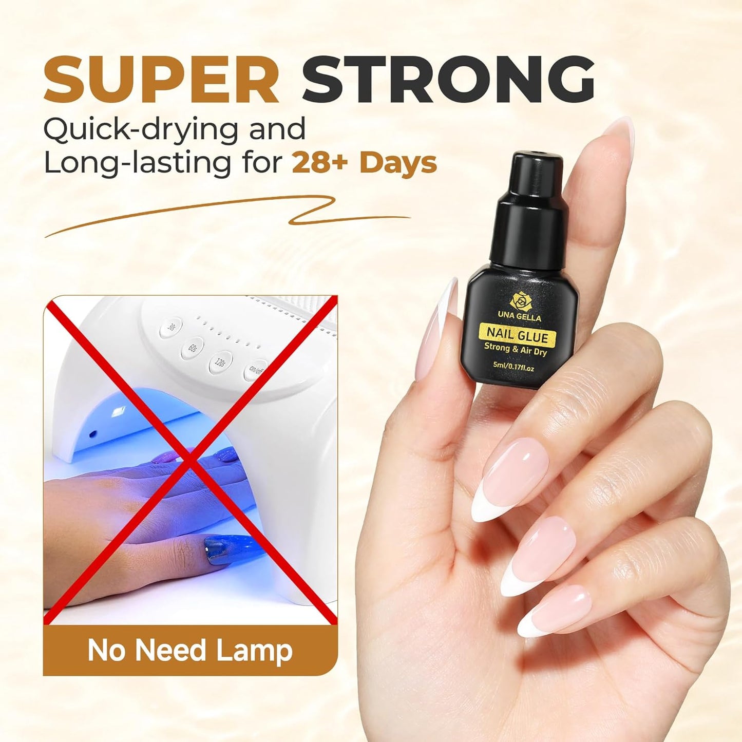 UNA GELLA Quick Drying Super Nail Glue for Press On Nails, Acrylic Nails & Nail Tips No Lamp Need Press On Nails Glue Drip Use with Opener（5ML） Long Lasting for DIY Nail Art