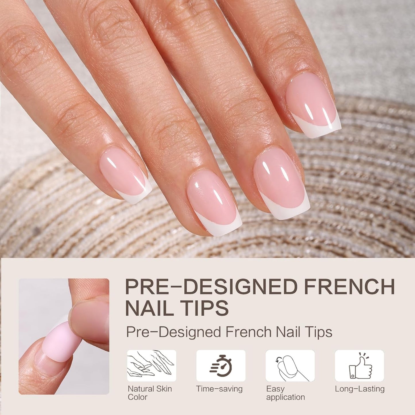 French Tip Press on Nails 160PCS with 5 Strips, 16 Sizes Pre-applied Primer Fake Nails - No Need to File, 5 Colors Long Square Tips, DIY Glue on Nails Kit for Women, Gift Set