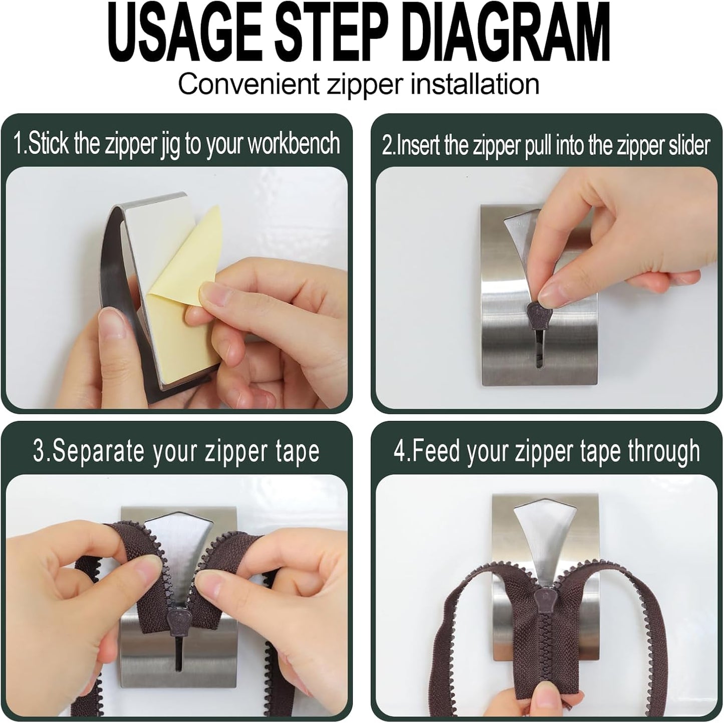 SINSETU Zipper Jig Tool, Quick Zipper Jig Sliders for Zipper Pulls, Stainess Steel Zipper Puller Helper for Pants, Dresses(2 Pack), Black, Silver, 2CLLTX