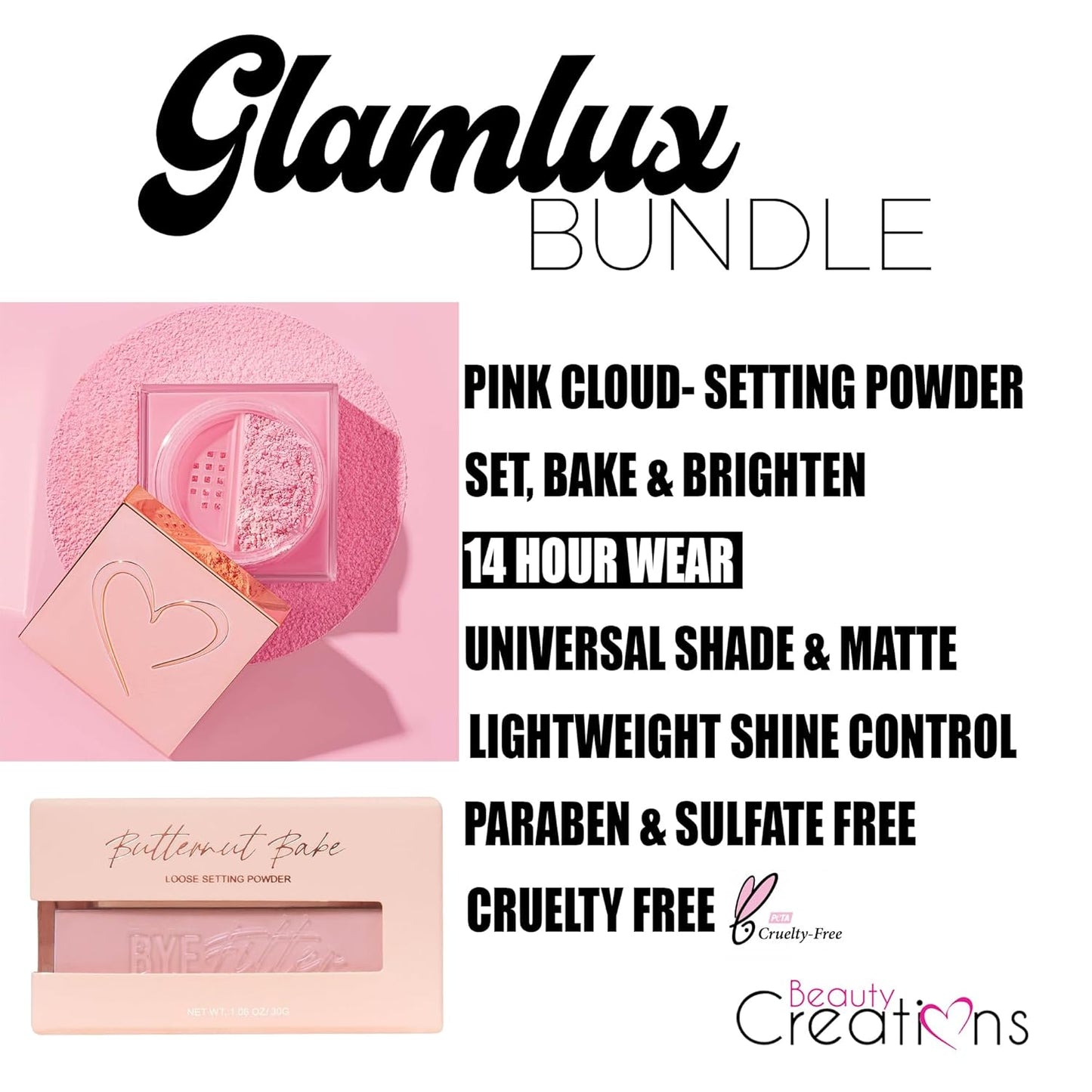 Beauty Bundle Beauty Creations Pink Cloud Pink Loose Setting Powder & Amorus Cloud Blur Matte Balm Foundation, Minimizes Pores, Matte Finish 14HR Shine Control (Natural Fair)