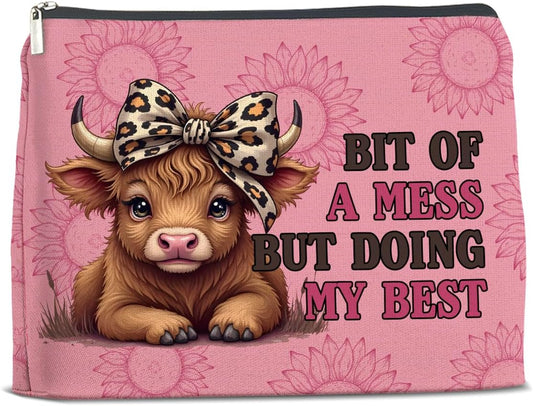 Inspirational Highland Cow Makeup Bag Gifts for Women Wild West Enthusiasts Pink Highland Cow Cosmetic Bag Zipper Pouch
