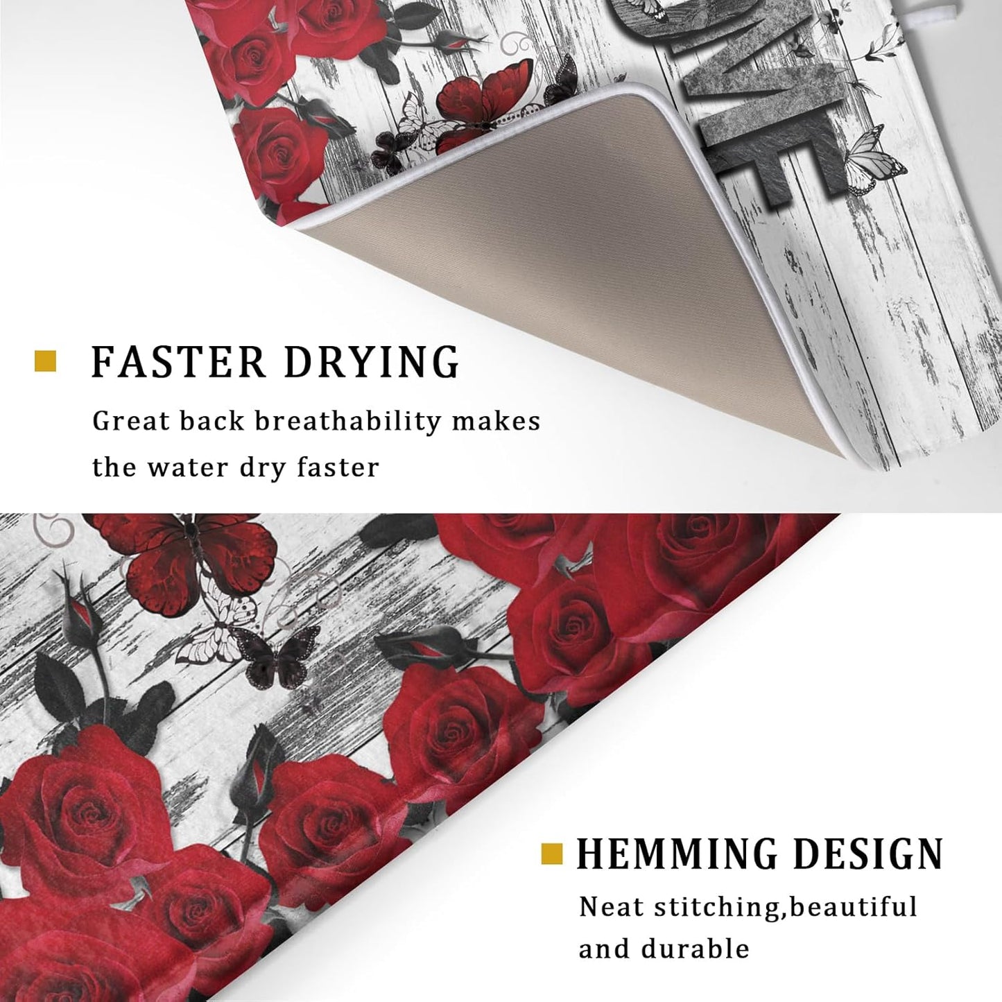 Red Rose Dish Drying Mat 18x24 inch Romantic Floral Absorbent Microfiber Sink Counter Dishware Drainer Pad for Kitchen Coffee Bar Decor