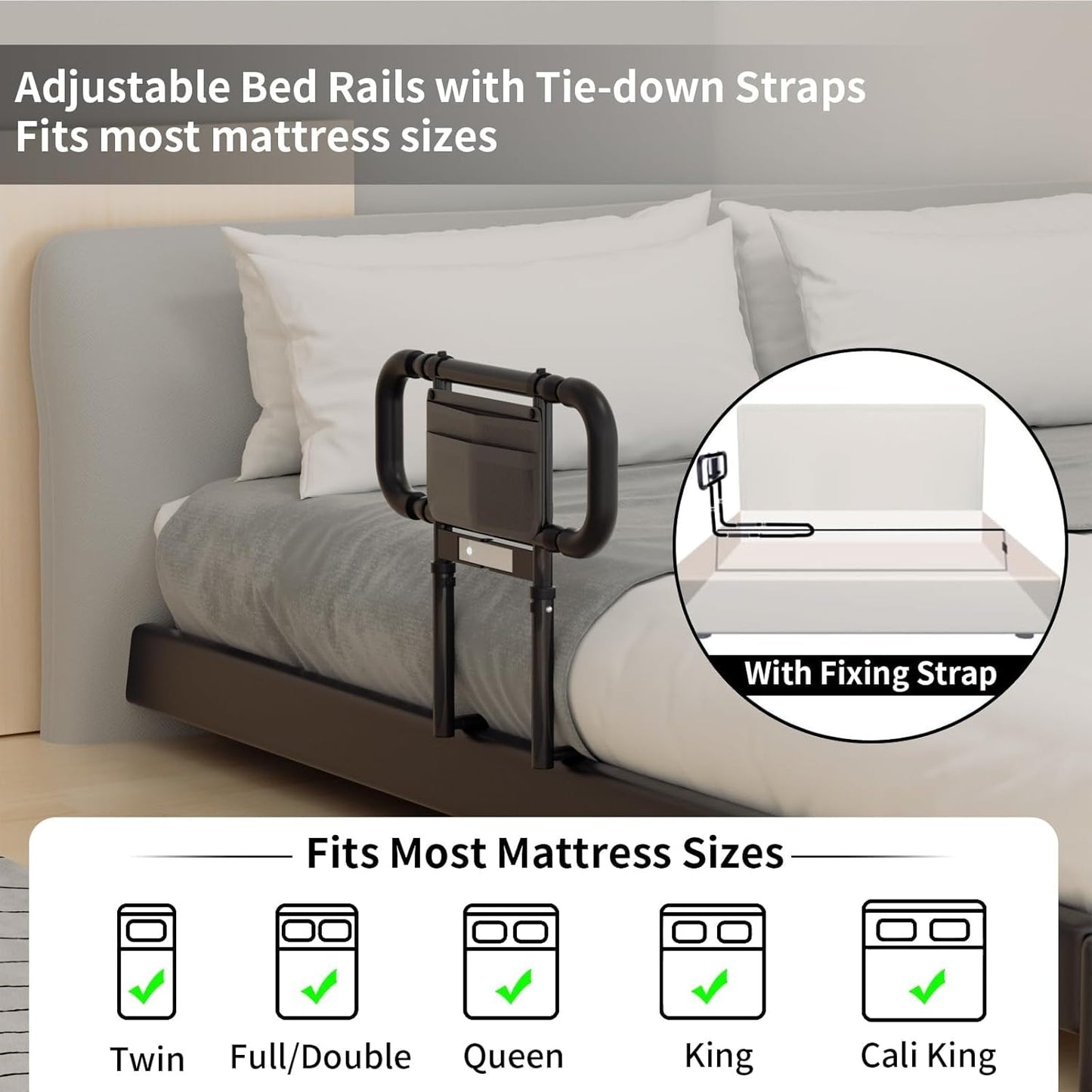 Bed Rails for Elderly Adults Safety: Elderly Assistance Products with Adjustable Double Grips, Storage Pocket, Motion Sensor Light, Items for Elderly Bed Rail, Can Withstand 300lb(Black)