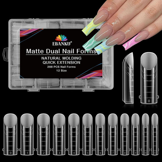 EBANKU 288Pcs Matte Dual Nail Forms, Clear Poly Gel Nail Molds Square Full Cover Coffin Nail Tips Extension Forms for Gel Manicure Nail Art Design Salon&DIY-12 Sizes