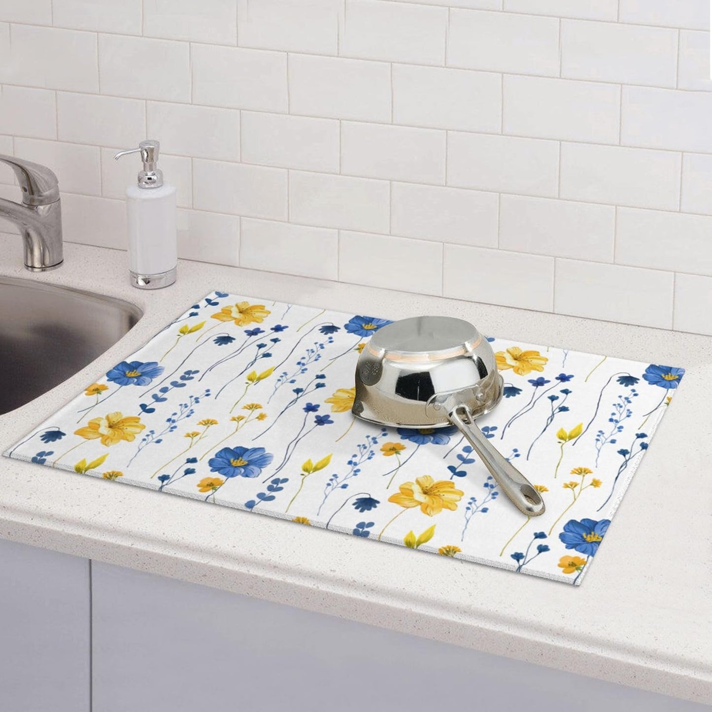 Watercolor Floral Decorative Microfiber Dish Drying Mat for Kitchen Counter 18"x24" Navy Blue Yellow Flower Dishes Pad Dish Drainer Rack Mats Absorbent Washable Reusable