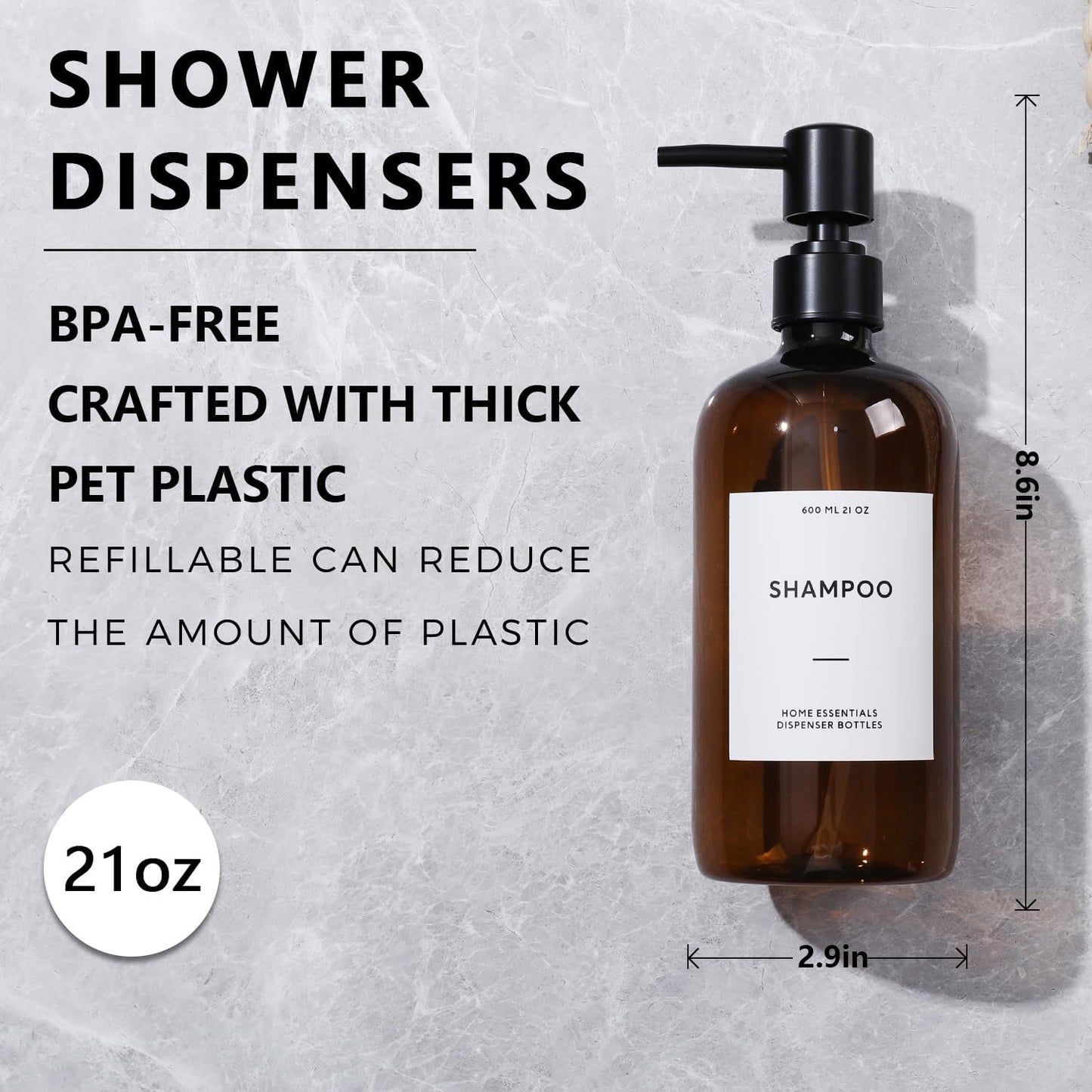 HOMCDALY Shampoo and Conditioner Dispenser, 21oz 3-Pack Refillable Shampoo and Conditioner Bottles, Shower Soap Bottles with Pump and Labels, Bathroom Shower Dispenser（21oz-Brown）