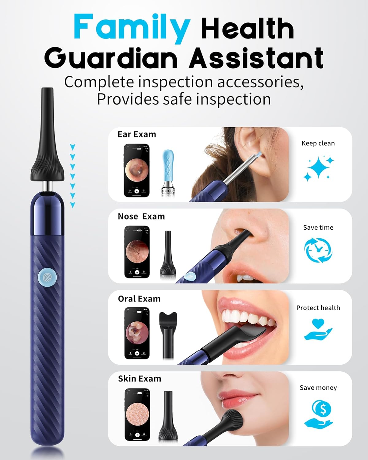 Loyker Ear Wax Removal, Ear Cleaner with Camera with 1080P, Otoscope with Light, Ear Wax Removal Kit with 6 Ear Pick, Ear Camera for iPhone, iPad, Android Phones (Blue)