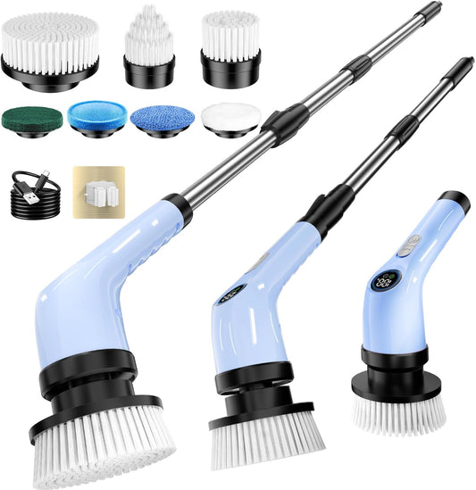 Electric Spin Scrubber Upgraded Battery with Extra-Long Runtime, IPX7 Waterproof Power Cleaner with 7 Brush Heads, 2 Speeds Adjustable Long Handle for Bathroom, Floor, Shower, Tile & Kitchen Cleaning