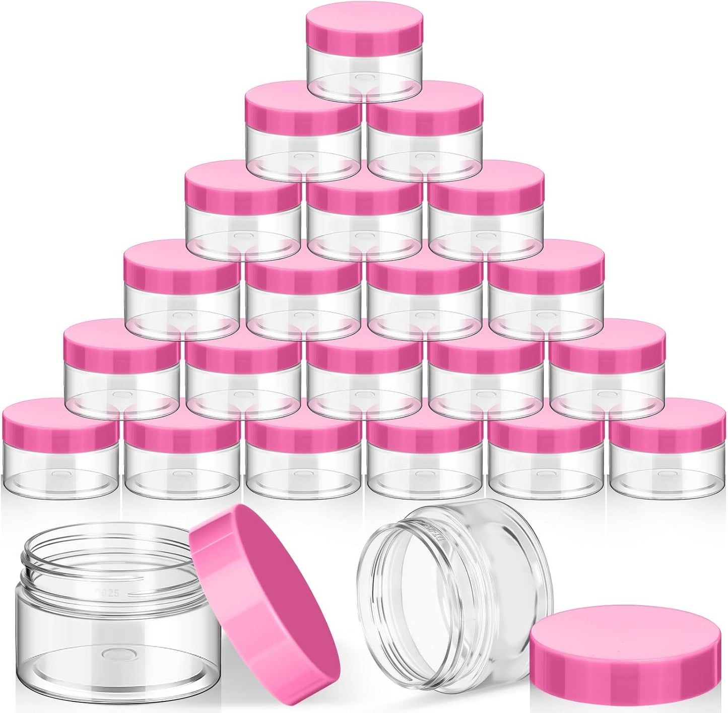 SATINIOR 24 Pieces Empty Clear Plastic Jars with Lids Round Storage Containers Wide Mouth for Beauty Product Cosmetic Cream Lotion Liquid Butter Craft and Food(Pink Lid,1 oz)