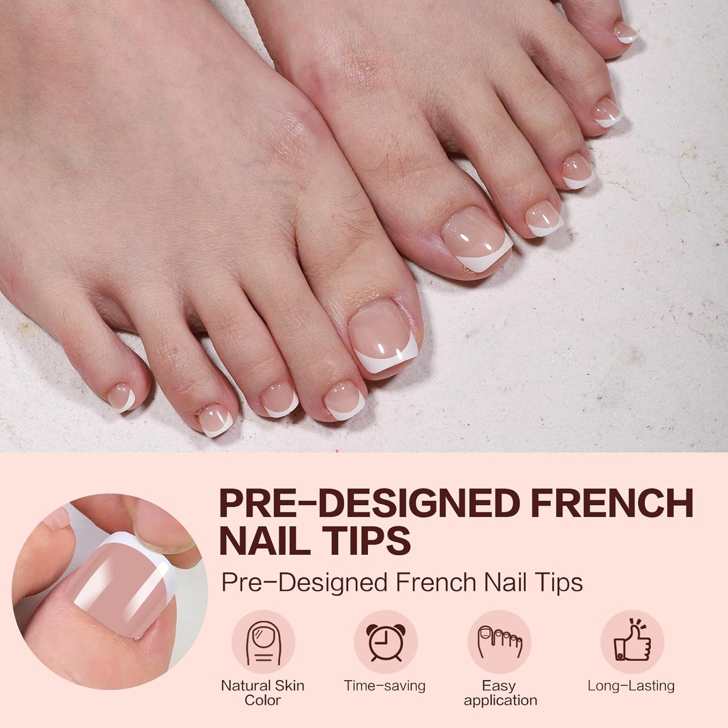 French Tip Press on Toenails 144PCS with 4 Strips, 18 Sizes Pink Fake Nails - No Need to File, Pre-applied Primer, Short Square Toe Nails Kit for Women Pedicure & Gift