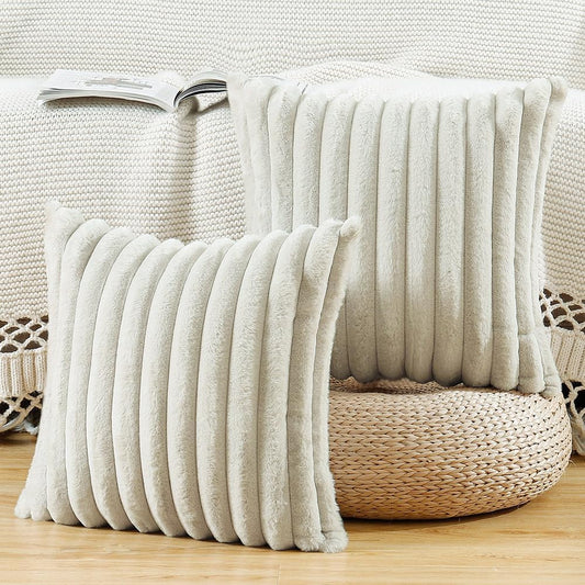 MADIZZ Set of 2 Faux Wool Plush Decorative Throw Pillow Covers 24x24 Inch Greyish White Fluffy Striped Soft Decorative Cushion Cover for Sofa Bedroom Pillow Shell
