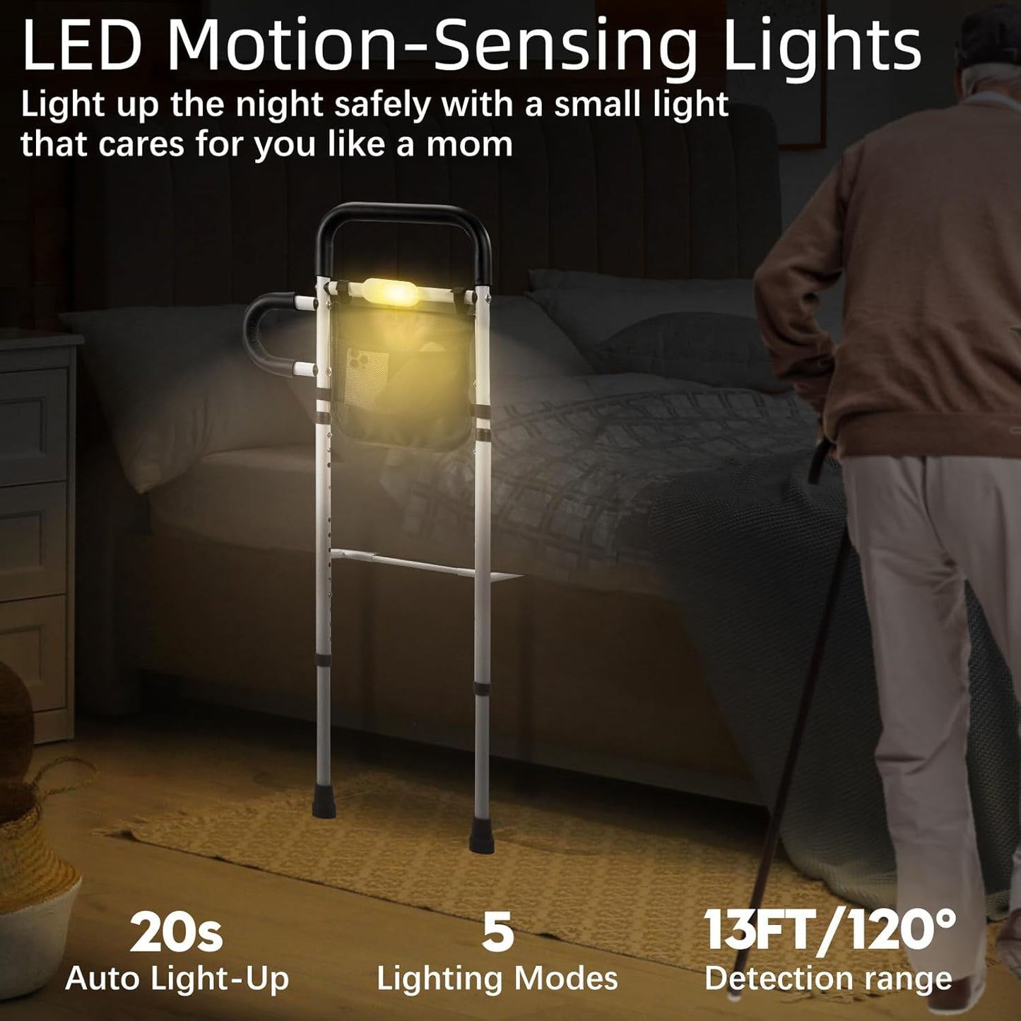 Bed Rails for Elderly Adults Safety; Adjustable Bed Rail with LED Motion Sensor Light, Bed Handle Bedside Assist for Grab Barwith Storage Pouch, Bed Side Rails-Fits Twin Full Queen King Grey