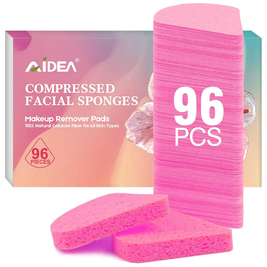 AIDEA Compressed Facial Sponges 96Count Pink, Travel Essentials Makeup Sponges, 100% Natural Cellulose Cosmetic Spa Sponges for Facial Cleansing, Exfoliating, Makeup Remover Pads