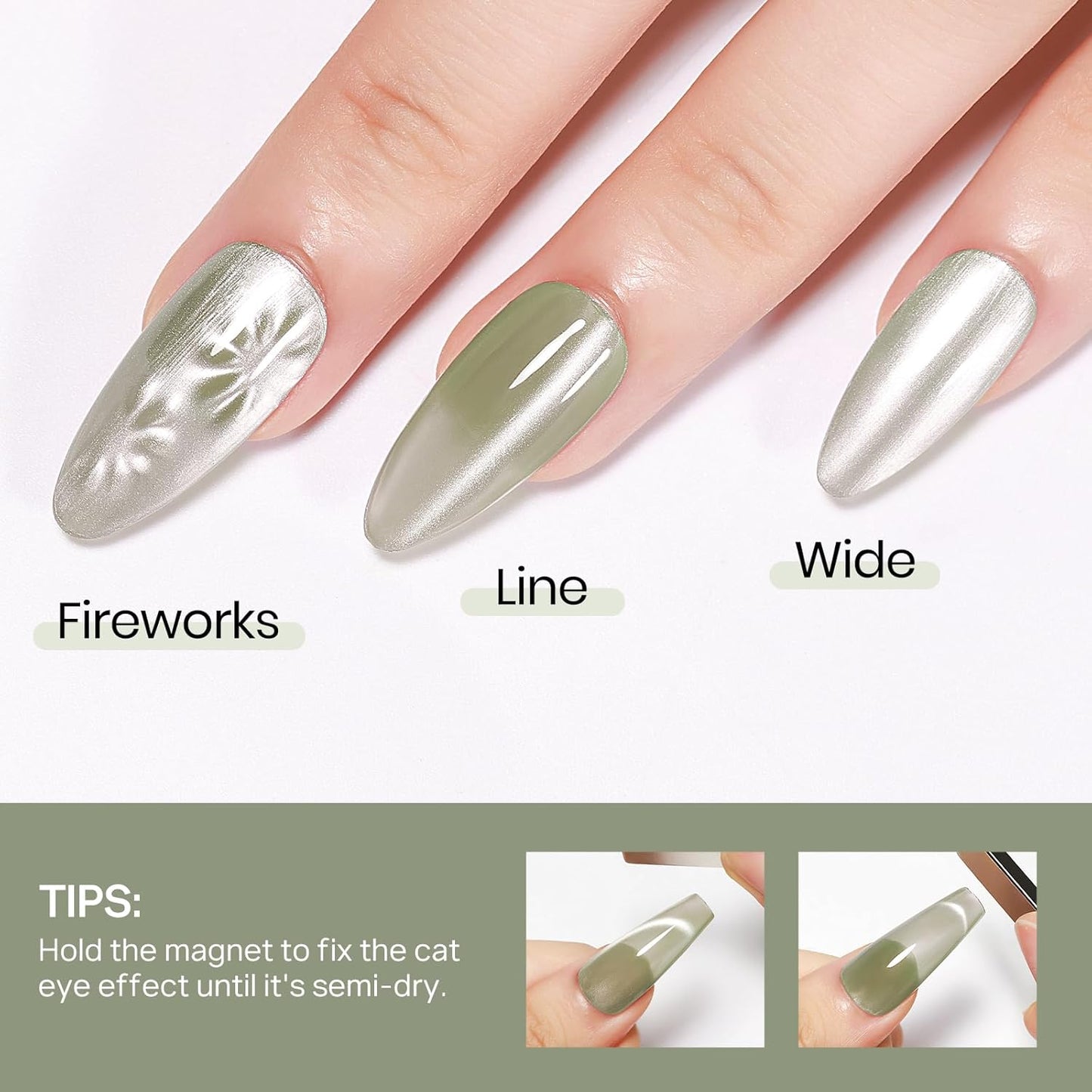MIZHSE Quick Dry Cat Eye Nail Polish, Green Magnetic Nail Polish with Magnet, Air Drying Fast 15ml Cateye Nail Lacquer for Women Girls Non-Gel Nail Art Manicure DIY Home